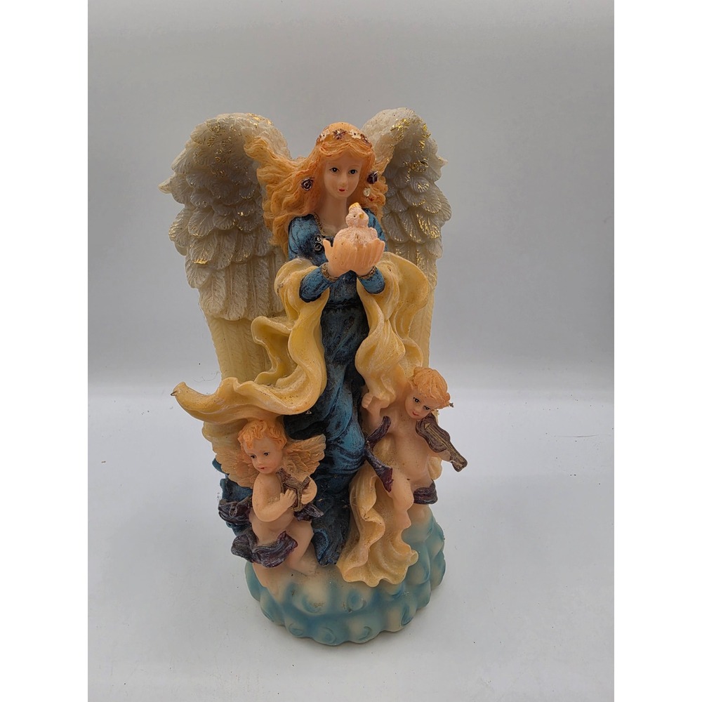 Musical Angel Figurine Amazing Grace Cherubs Bird Blue Gold Resin Statue 47079